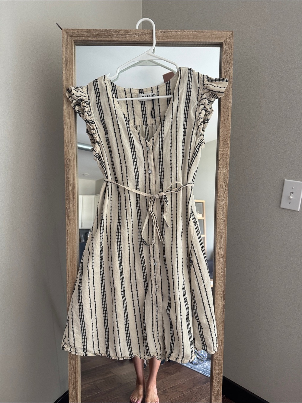 Striped Cream & Black Button-Front Tie-Waist Dress